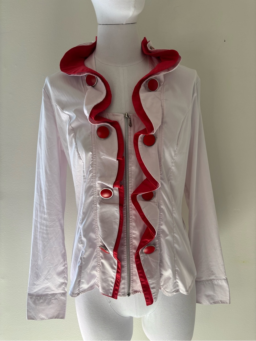 Light Pink Zippered Blouse/Jacket with Red Ruffle Trim and Button Accents